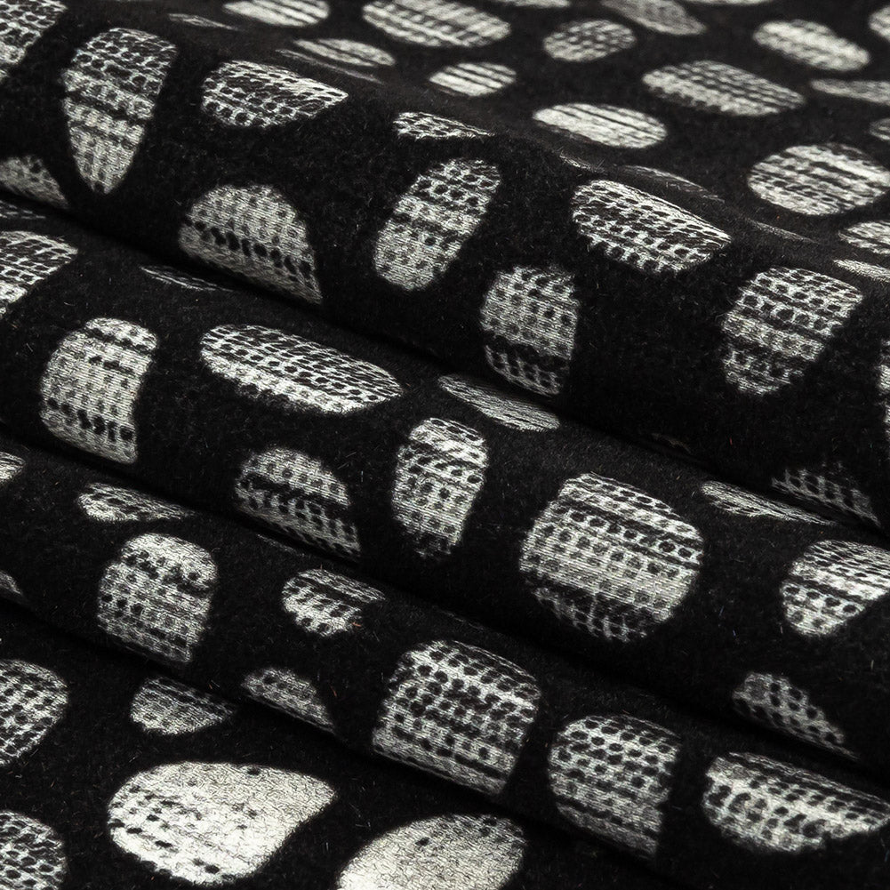 Black Flocked Bubbles on Black and Graphite Distressed Stripes Printed Stretch Cotton Twill Folded