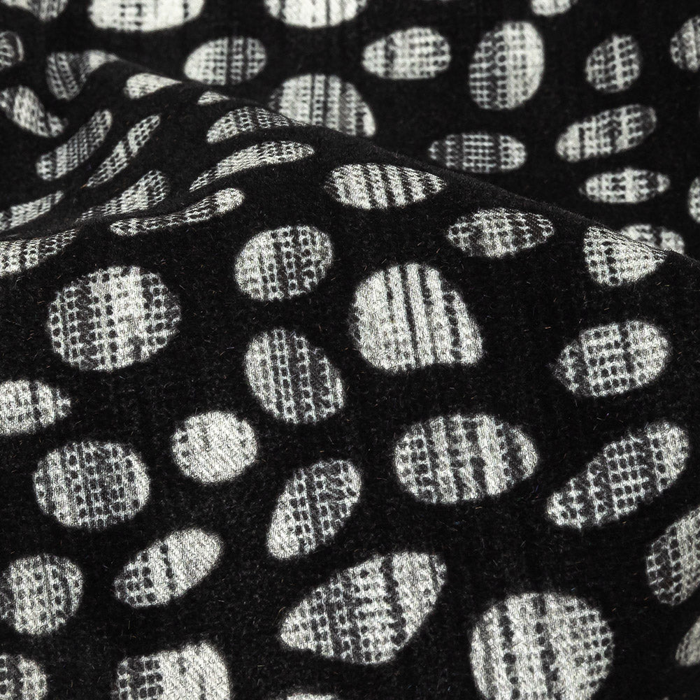 Black Flocked Bubbles on Black and Graphite Distressed Stripes Printed Stretch Cotton Twill Detail