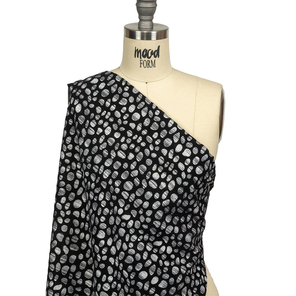 Black Flocked Bubbles on Black and Graphite Distressed Stripes Printed Stretch Cotton Twill Drape