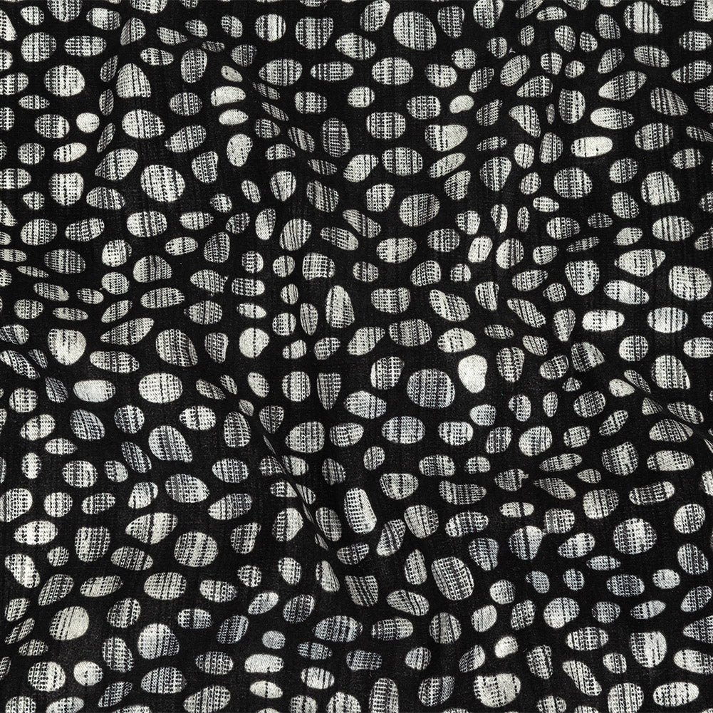 Black Flocked Bubbles on Black and Graphite Distressed Stripes Printed Stretch Cotton Twill