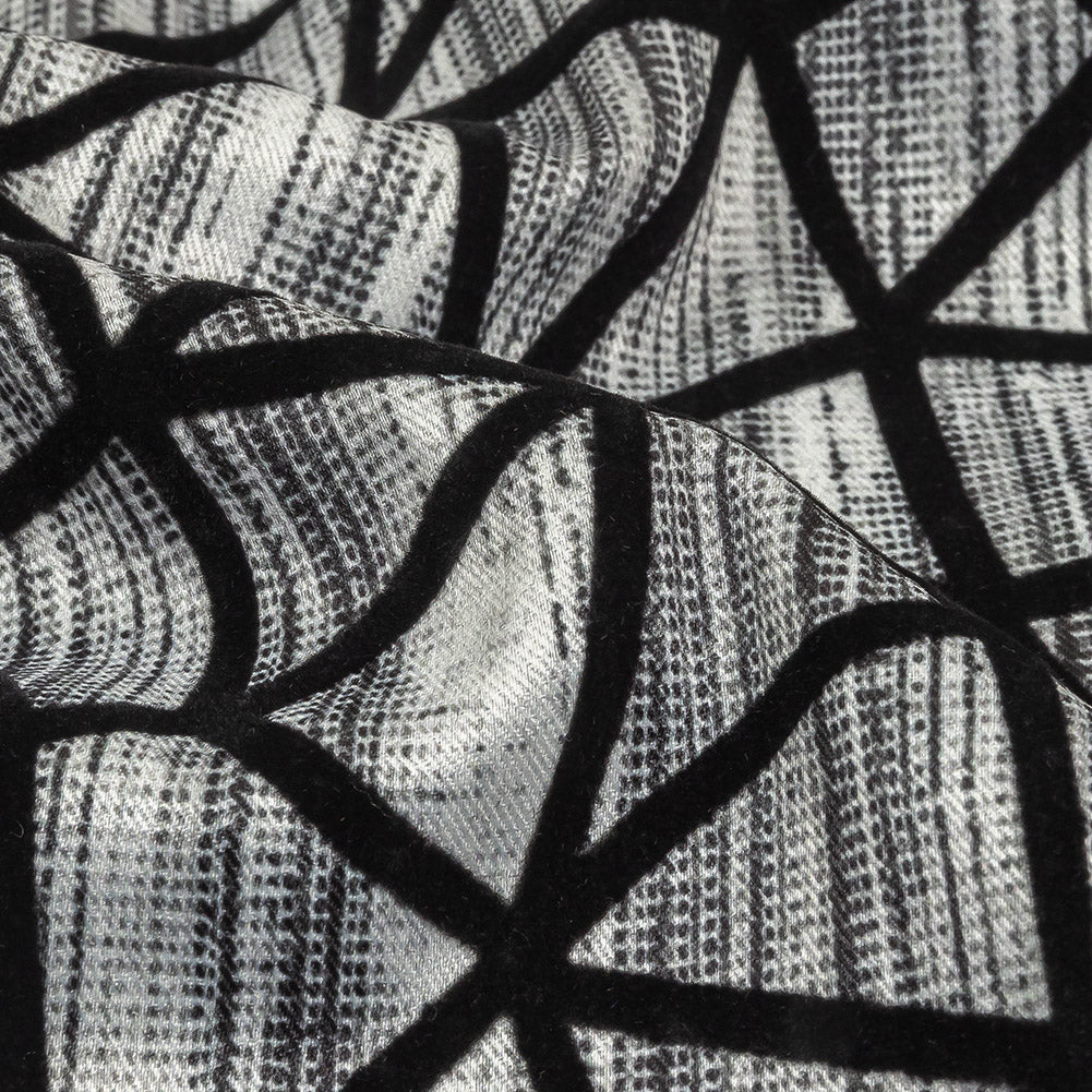Black Flocked Geometric Web on Gray and White Distressed Stripes Stretch Cotton Twill Folded
