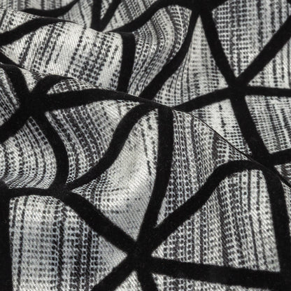 Black Flocked Geometric Web on Gray and White Distressed Stripes Stretch Cotton Twill Folded