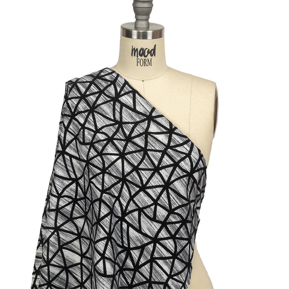 Black Flocked Geometric Web on Gray and White Distressed Stripes Stretch Cotton Twill Detail