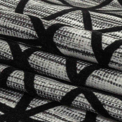 Black Flocked Geometric Web on Gray and White Distressed Stripes Stretch Cotton Twill Full