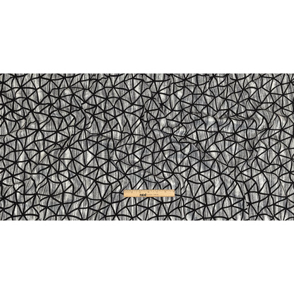 Black Flocked Geometric Web on Gray and White Distressed Stripes Stretch Cotton Twill Drape