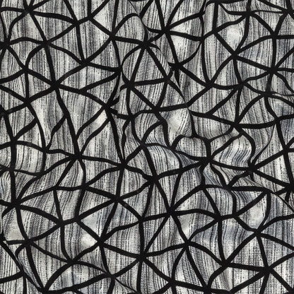 Black Flocked Geometric Web on Gray and White Distressed Stripes Stretch Cotton Twill