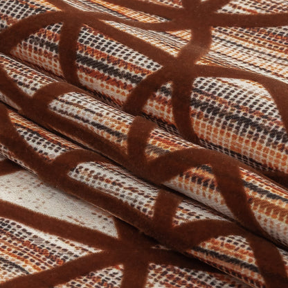 Brown Flocked Geometric Web on Brown, Orange and White Distressed Stripes Stretch Cotton Twill Folded