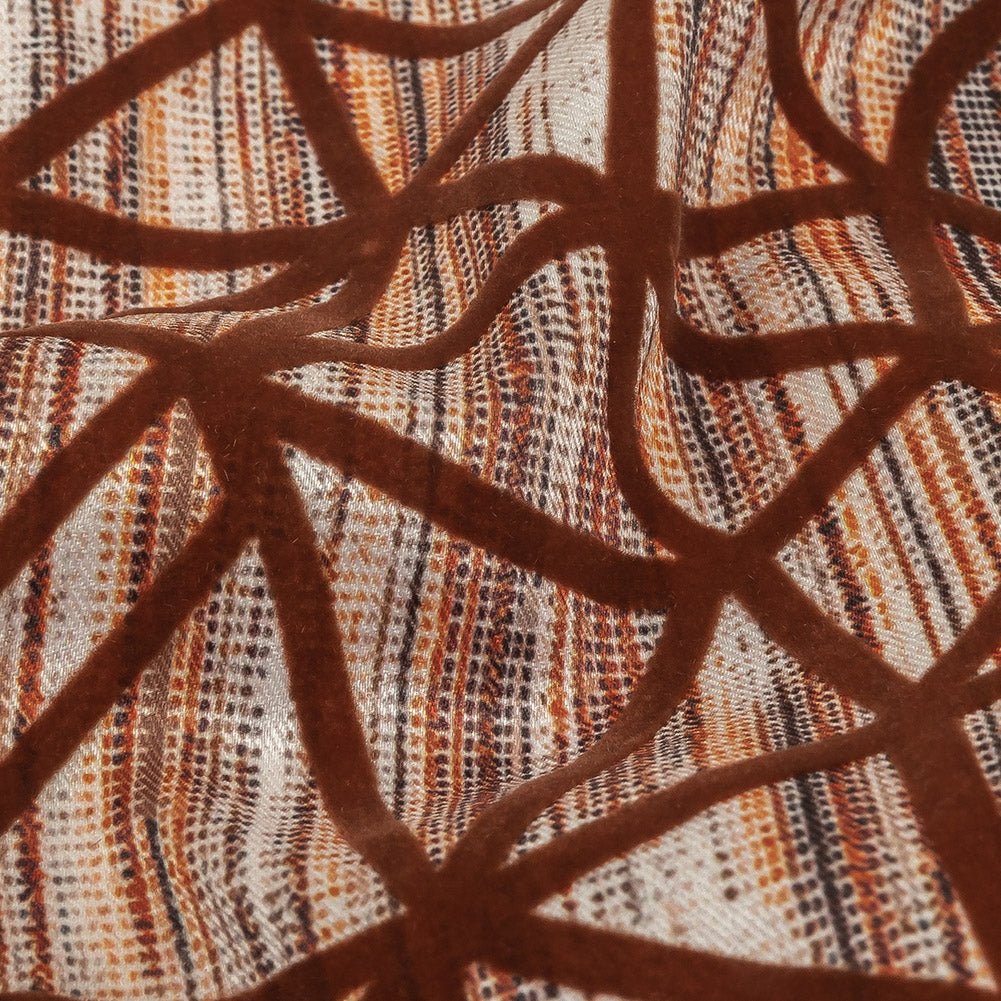 Brown Flocked Geometric Web on Brown, Orange and White Distressed Stripes Stretch Cotton Twill Detail