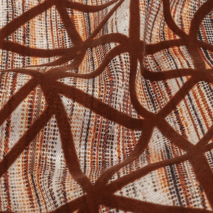 Brown Flocked Geometric Web on Brown, Orange and White Distressed Stripes Stretch Cotton Twill Detail