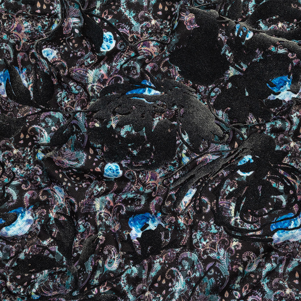 Blue Graphite Flocked Flower Vines on Gray, Blue and Pink Jacobean Cotton and Polyester Knit Pique