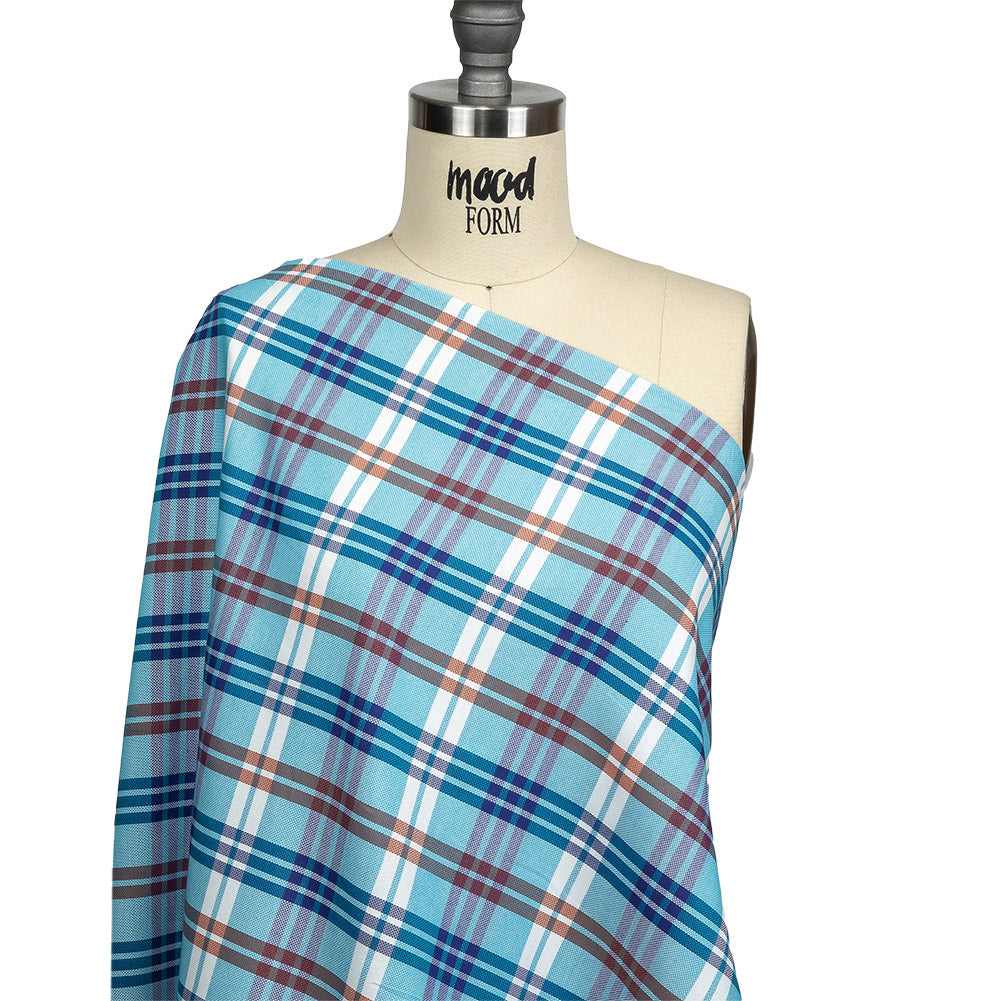 Blue, Orange and White Plaid Cotton and Polyester Dobby Drape