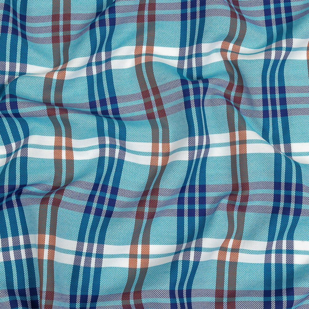 Blue, Orange and White Plaid Cotton and Polyester Dobby