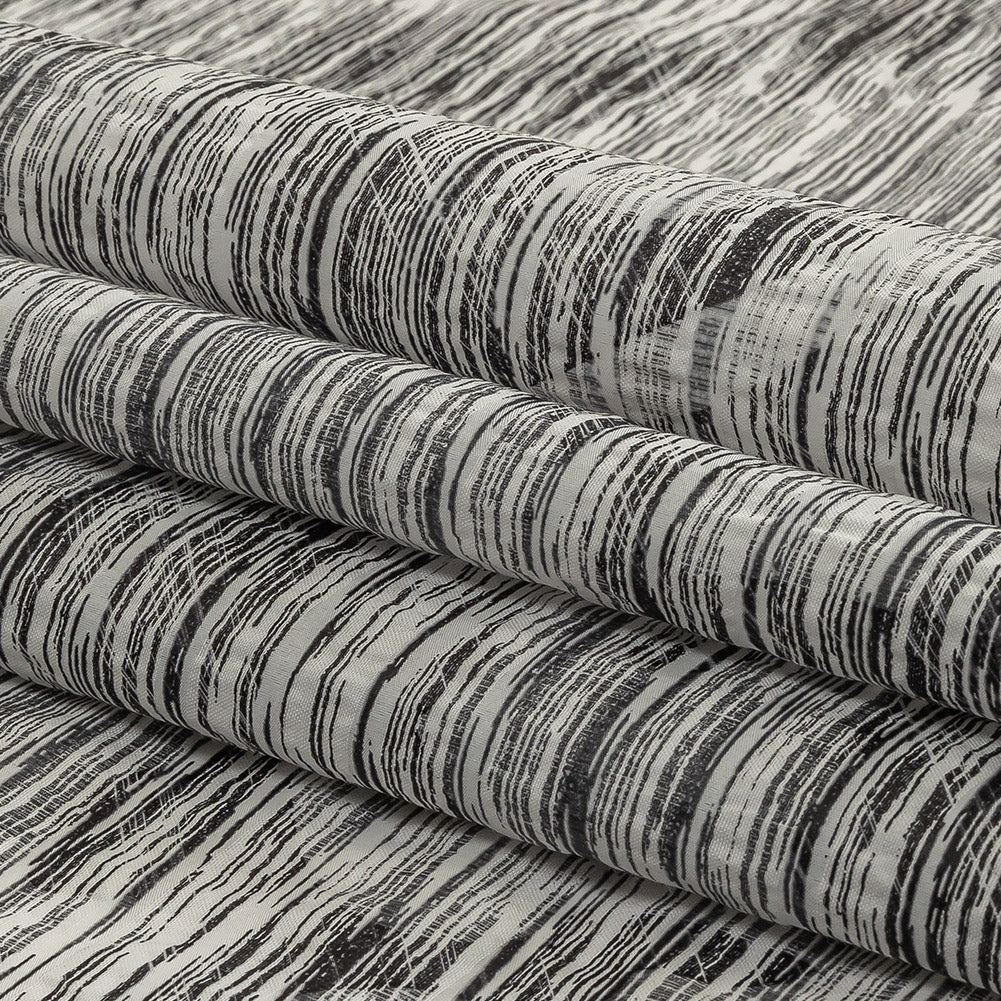 Obsidian and White Striated Lamination Striped Cotton and Polyester Dobby Folded