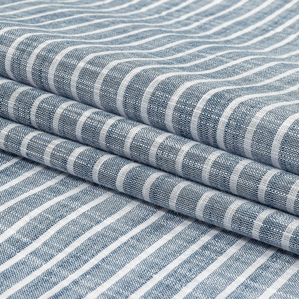 Colony Blue and White Striped Slubbed Cotton and Polyester Woven Folded