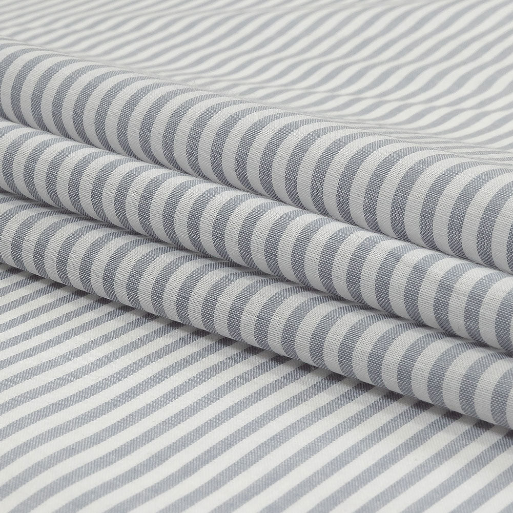 White and Blue Gray Candy Striped Cotton and Polyester Shirting Folded