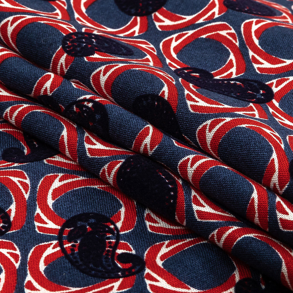 Salsa and Navy Flocked Paisley on Twisted Squares Printed Viscose Woven Folded