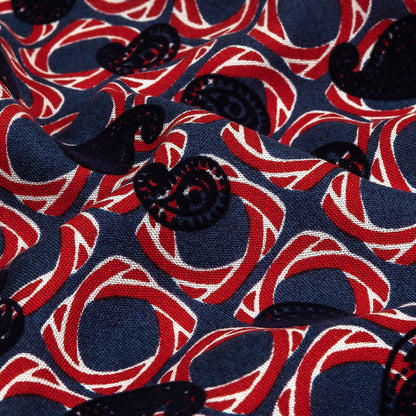 Salsa and Navy Flocked Paisley on Twisted Squares Printed Viscose Woven Detail