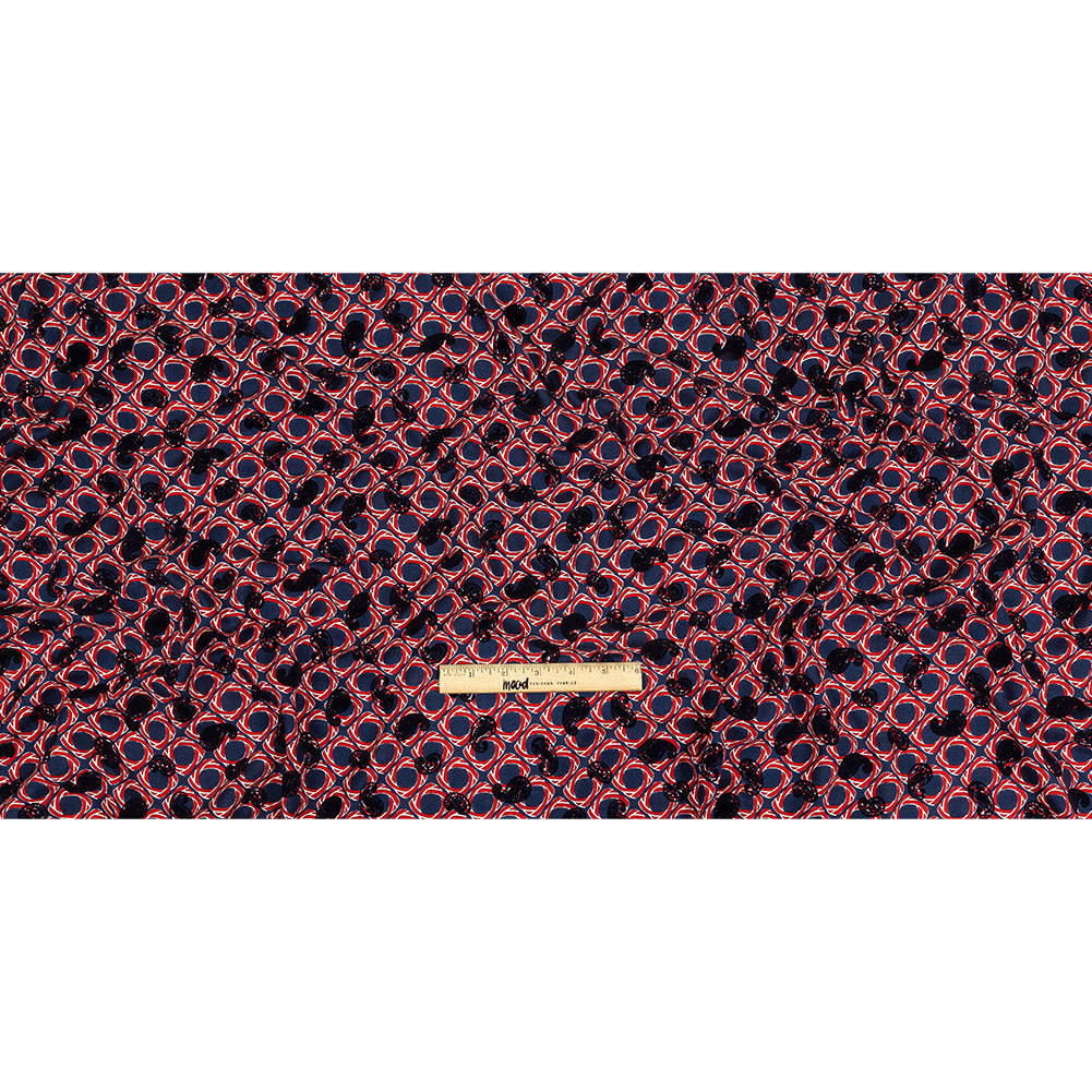 Salsa and Navy Flocked Paisley on Twisted Squares Printed Viscose Woven Full