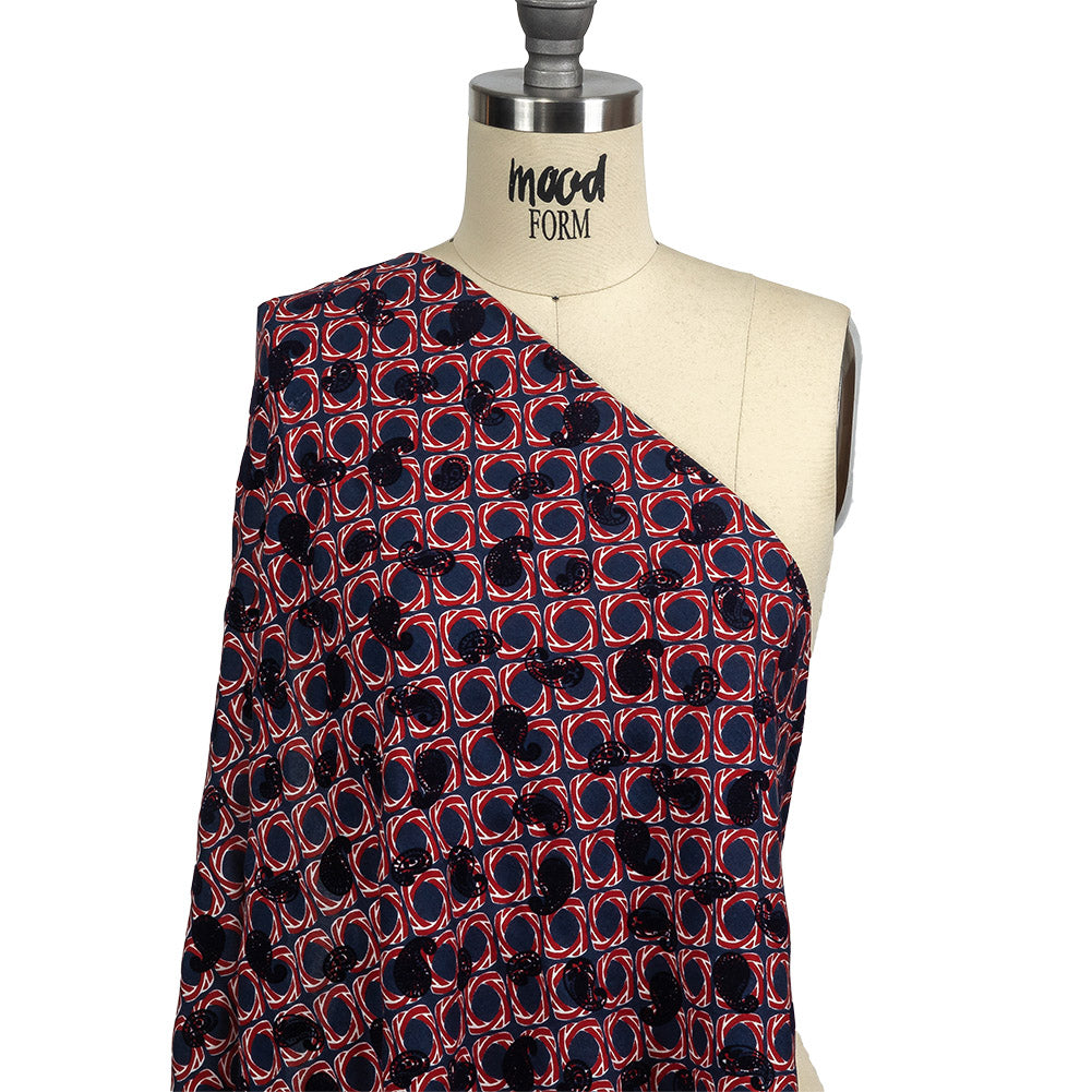 Salsa and Navy Flocked Paisley on Twisted Squares Printed Viscose Woven Drape