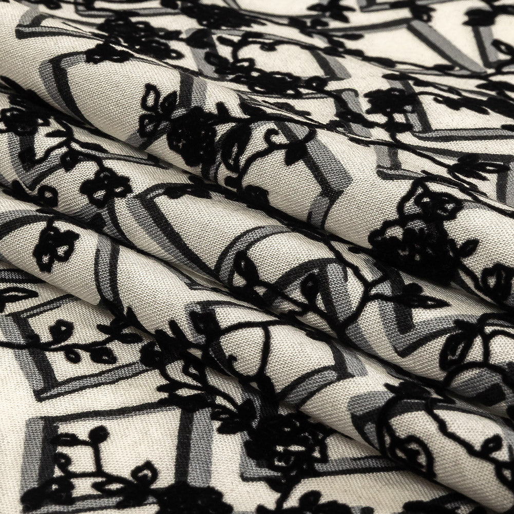Black and White Flocked Florals on Tossed Squares Printed Viscose Woven Folded