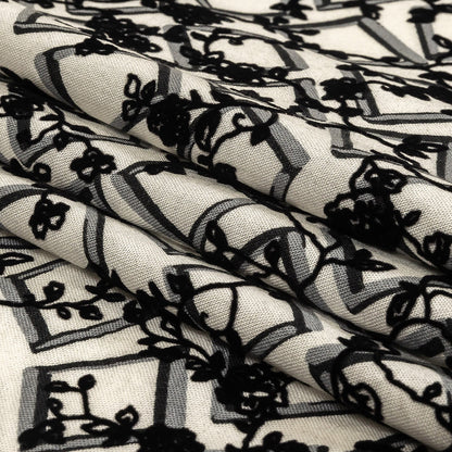 Black and White Flocked Florals on Tossed Squares Printed Viscose Woven Folded