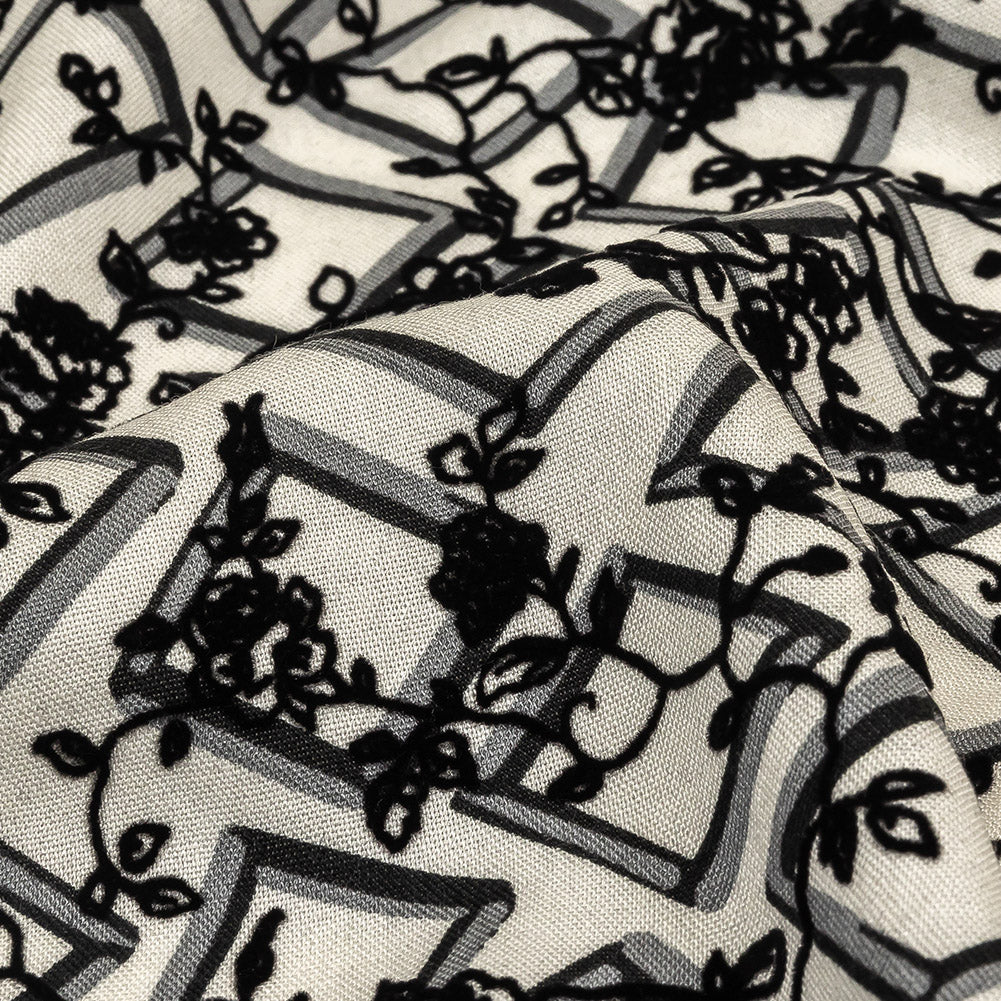 Black and White Flocked Florals on Tossed Squares Printed Viscose Woven Detail