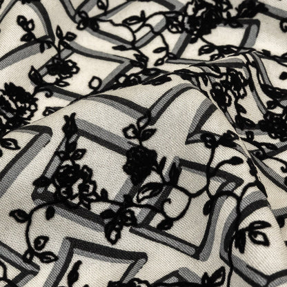 Black and White Flocked Florals on Tossed Squares Printed Viscose Woven Detail