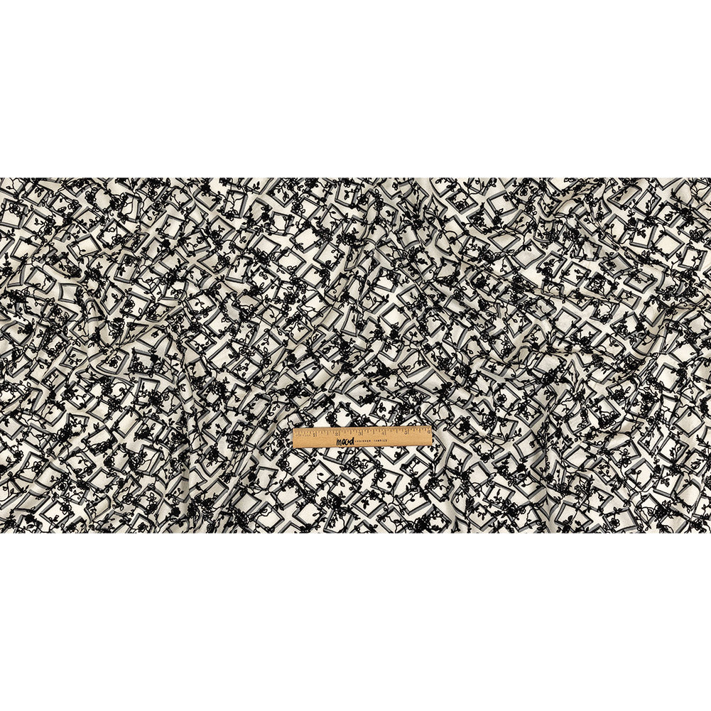 Black and White Flocked Florals on Tossed Squares Printed Viscose Woven Full