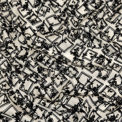 Black and White Flocked Florals on Tossed Squares Printed Viscose Woven