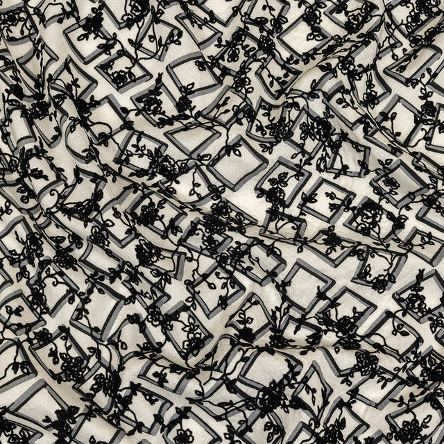 Black and White Flocked Florals on Tossed Squares Printed Viscose Woven