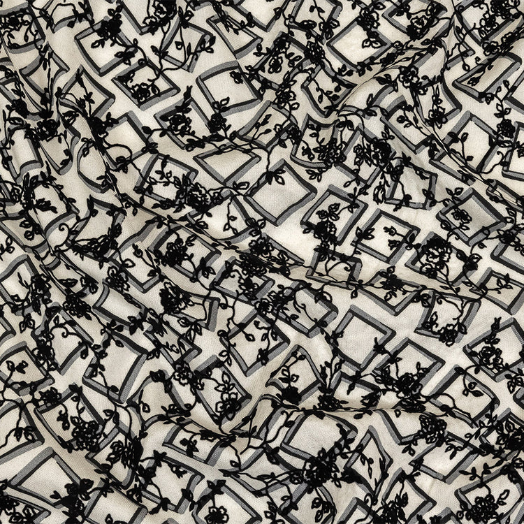 template--25130090922057__main-Black and White Flocked Florals on Tossed Squares Printed Viscose Woven