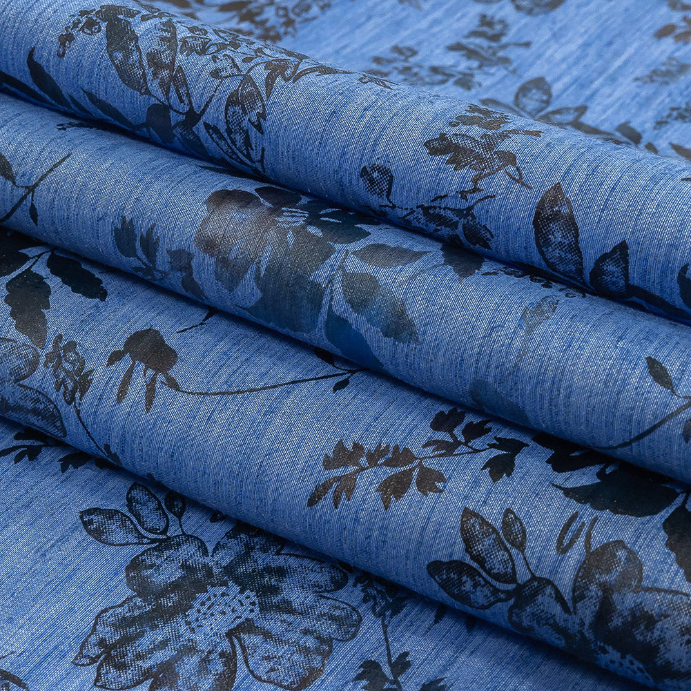 Bright Blue and Gray Foiled Flowers Striated Stretch Cotton Woven Folded
