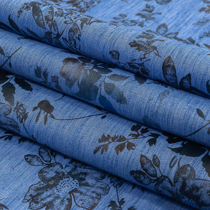 Bright Blue and Gray Foiled Flowers Striated Stretch Cotton Woven Folded