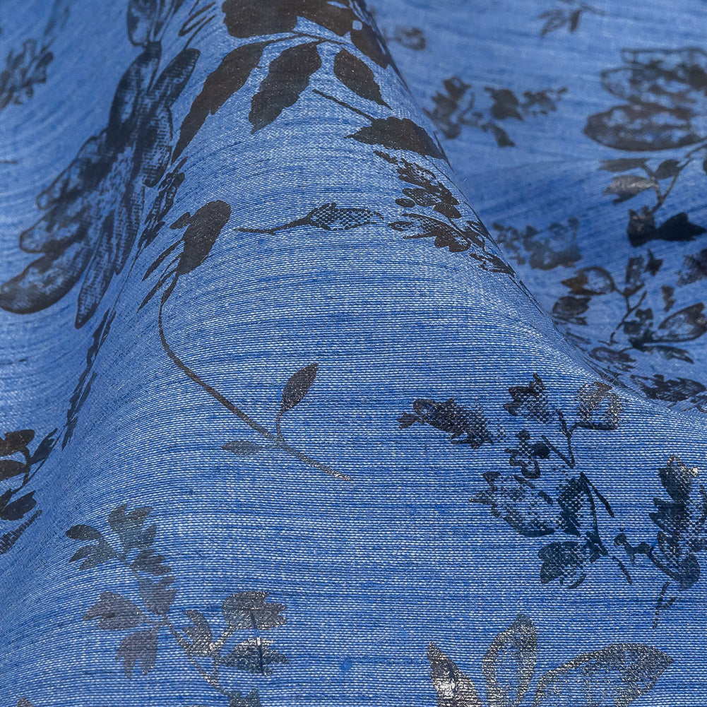 Bright Blue and Gray Foiled Flowers Striated Stretch Cotton Woven Detail