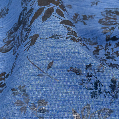 Bright Blue and Gray Foiled Flowers Striated Stretch Cotton Woven Detail