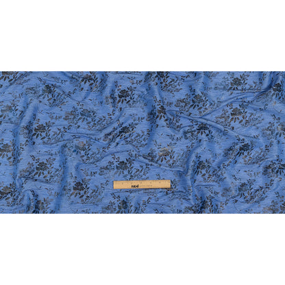 Bright Blue and Gray Foiled Flowers Striated Stretch Cotton Woven Full
