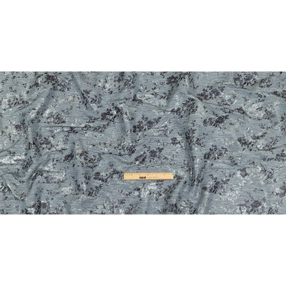 Steel Blue, Silver and Gunmetal Foiled Flowers Striated Stretch Cotton Woven Full