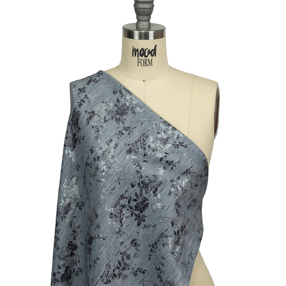 Steel Blue, Silver and Gunmetal Foiled Flowers Striated Stretch Cotton Woven Drape