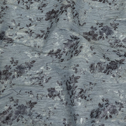 Steel Blue, Silver and Gunmetal Foiled Flowers Striated Stretch Cotton Woven