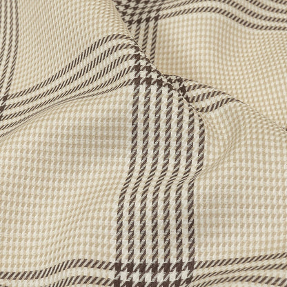Beige, Brown and White Glen Plaid Twill Cotton Shirting Detail