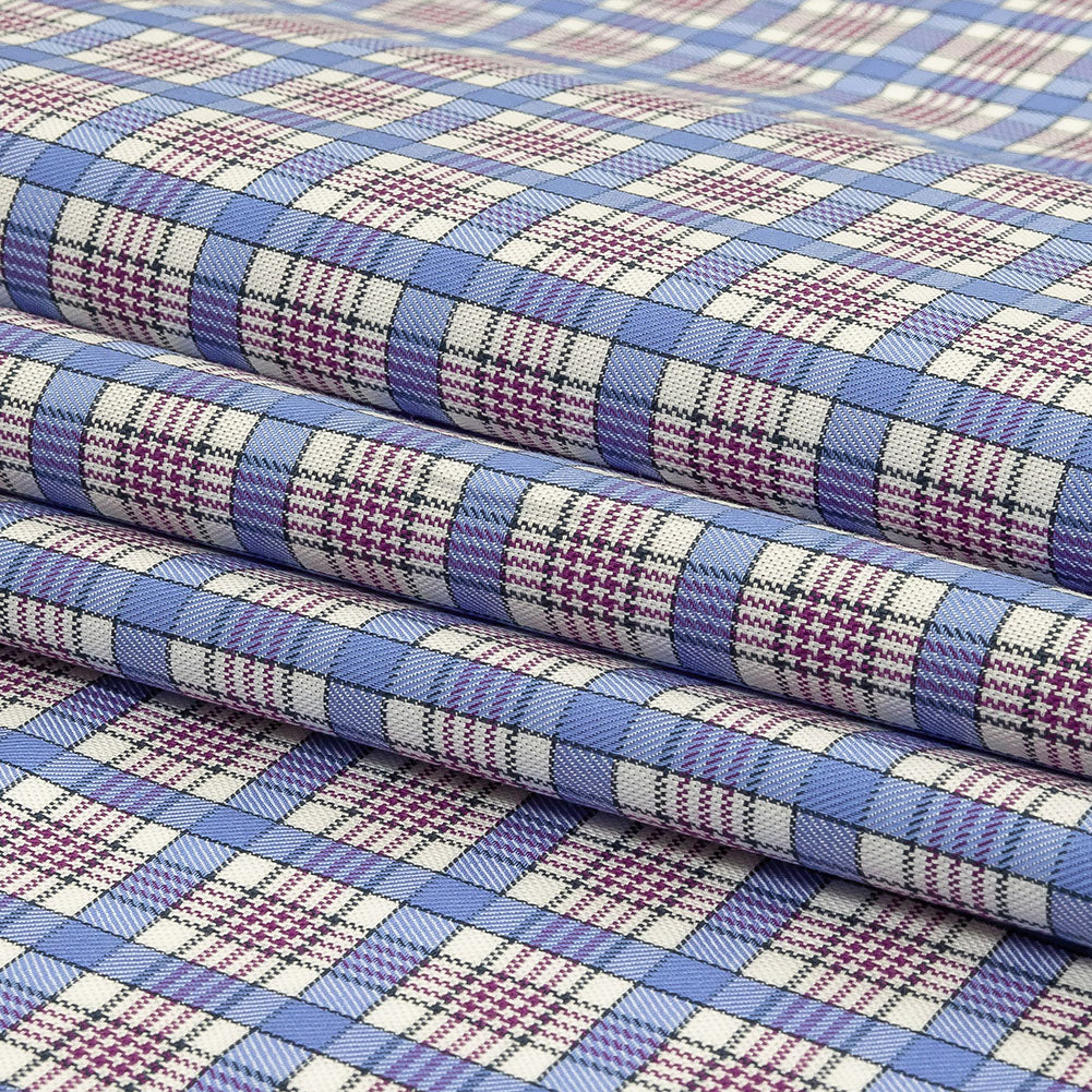 Violet, Wedgewood and White Plaid Twill Cotton Shirting Folded