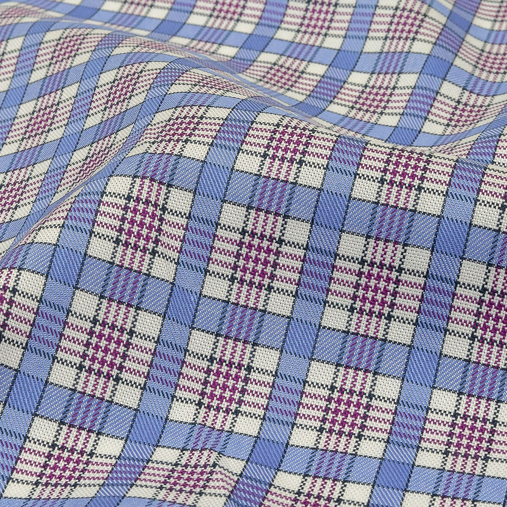 Violet, Wedgewood and White Plaid Twill Cotton Shirting Detail