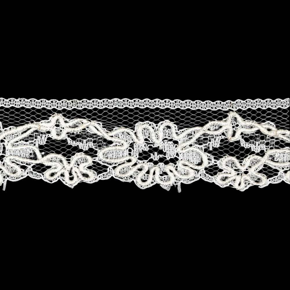 White Floral Corded Lace Trim - 1.125" Detail