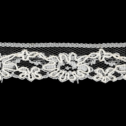 White Floral Corded Lace Trim - 1.125" Detail