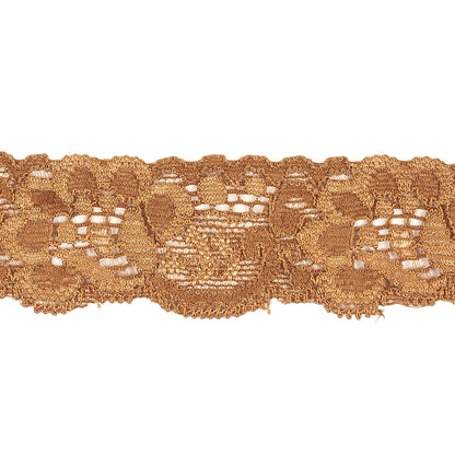 Golden Brown Floral Stretch Lace Trim - 1.25" Detail