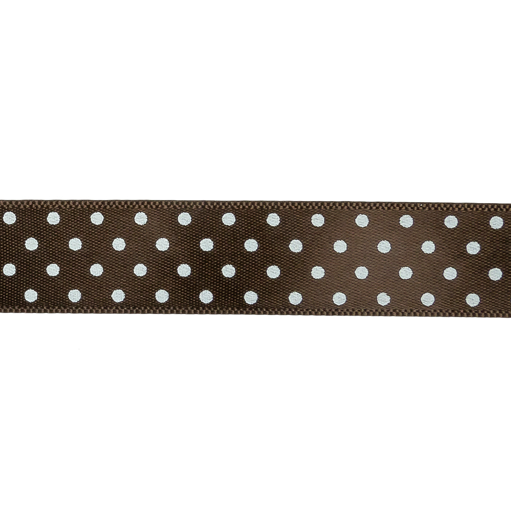 Brown and White Polka Dot Satin Ribbon - 0.625" Detail