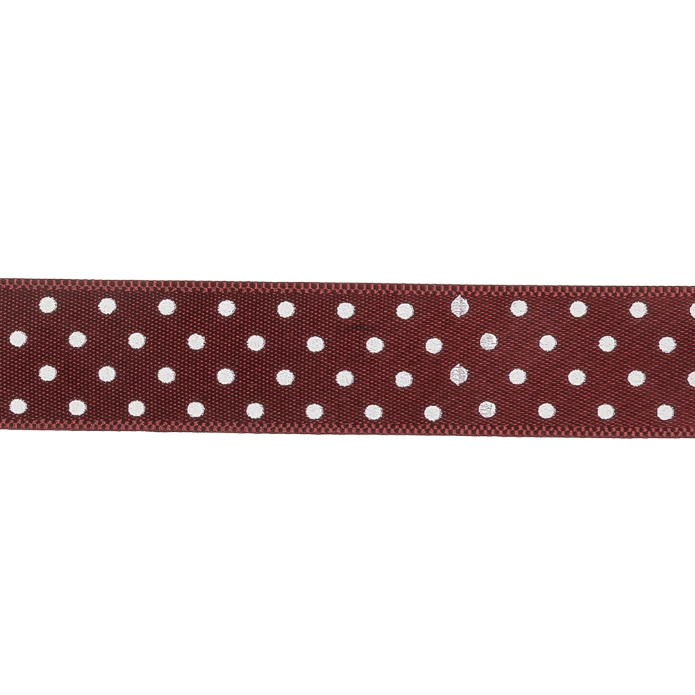 Wine Red and White Polka Dot Satin Ribbon - 0.625" Detail