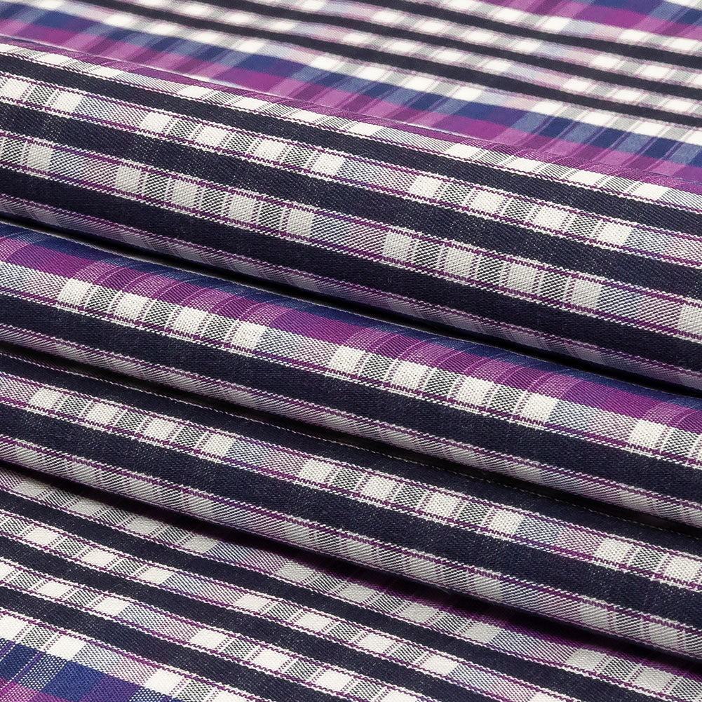 Purple, Sodalite Blue and Navy Plaid Cotton Shirting Folded