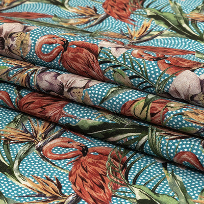 Pink, Green and Blue Flamingos and Foliage Cotton Shirting Folded