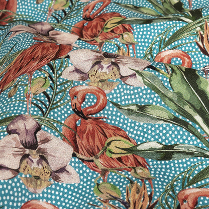 Pink, Green and Blue Flamingos and Foliage Cotton Shirting Detail